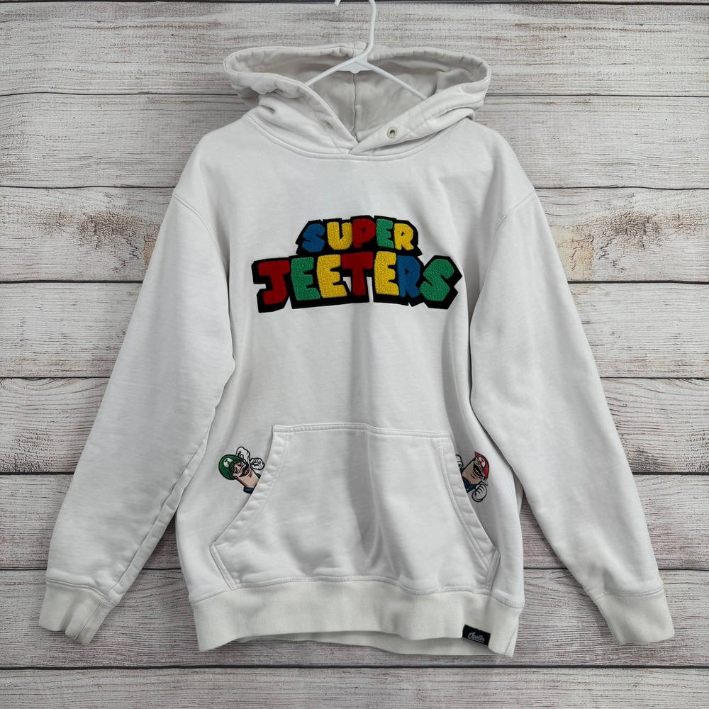 Jeeter Hoodie Mens M White Super Jeeters Nintendo Graphic Chenille Patch Colab